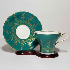 Aynsley Corset Teacup and Saucer Green Gold Leaves Vintage